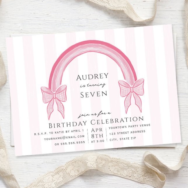 Fancy Pink Bow Rainbow Girls Birthday Party Invitation (Creator Uploaded)