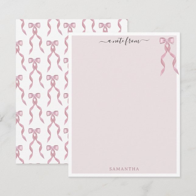Fancy Pink Bow Theme Girly Personalised Stationery Card (Front/Back)