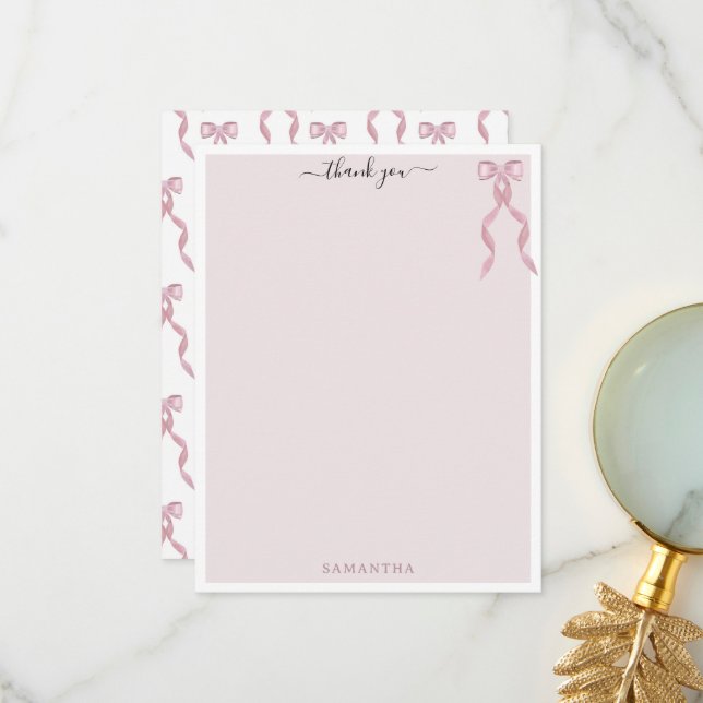 Fancy Pink Bow Theme Girly Personalised Stationery Thank You Card (Front/Back In Situ)