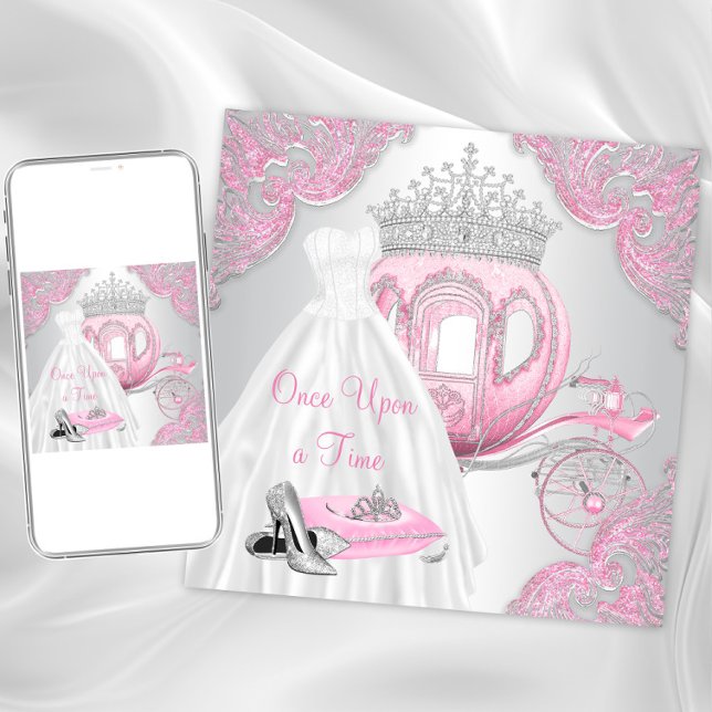 Fancy Pink Cinderella Princess Birthday Party Invitation (Cinderella birthday party invitation. Instant download and printed invitations available.)