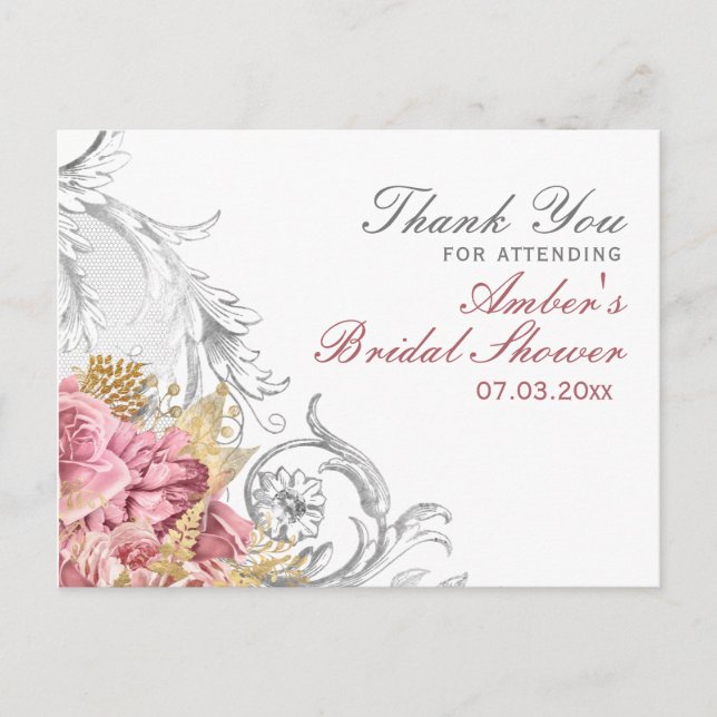 Fancy Pink Floral Bridal Shower Postcard (Front)