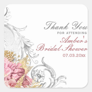 Fancy Pink Floral Bridal Shower Square Sticker