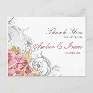 Fancy Pink Floral Wedding Thank You Postcard