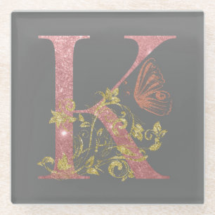Fancy Pink Glitter Letter K Glass Coaster