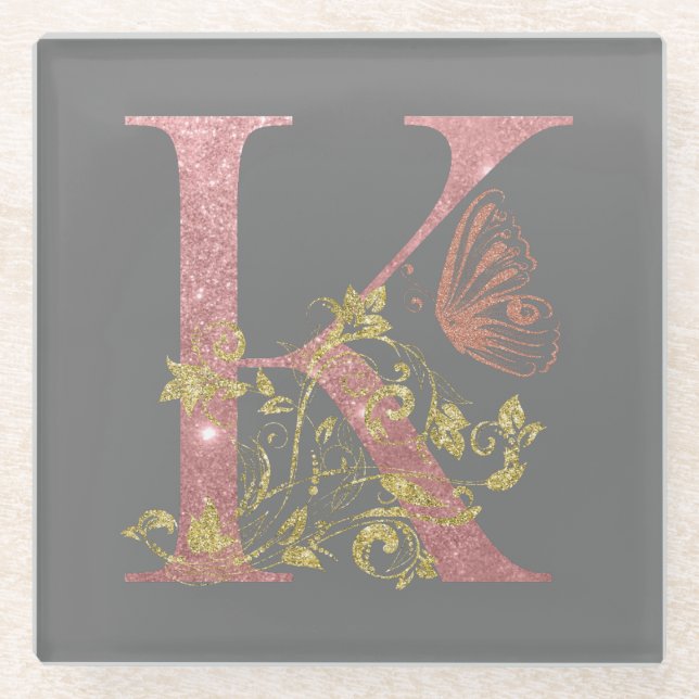 Fancy Pink Glitter Letter K   Glass Coaster (Front)