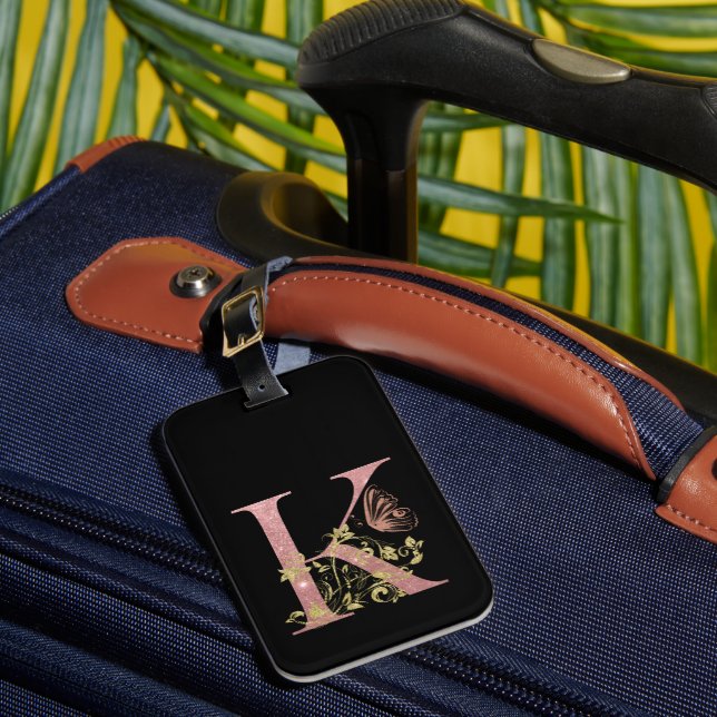 Fancy Pink Glitter Letter K  Luggage Tag (Front Insitu 1)
