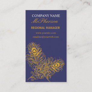 Fancy Plumes Peacock Feathers  Elegant Gold Navy Business Card