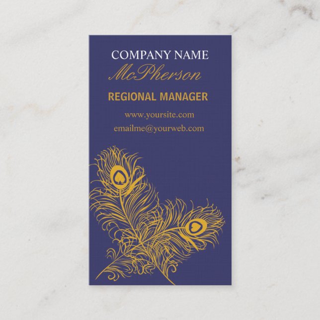 Fancy Plumes Peacock Feathers  Elegant Gold Navy Business Card (Front)