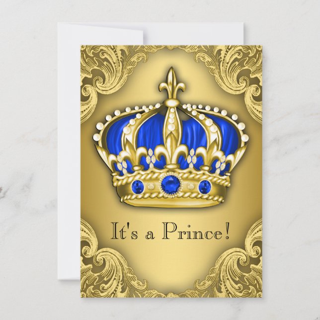 Fancy Prince Baby Shower Blue and Gold Invitation (Front)