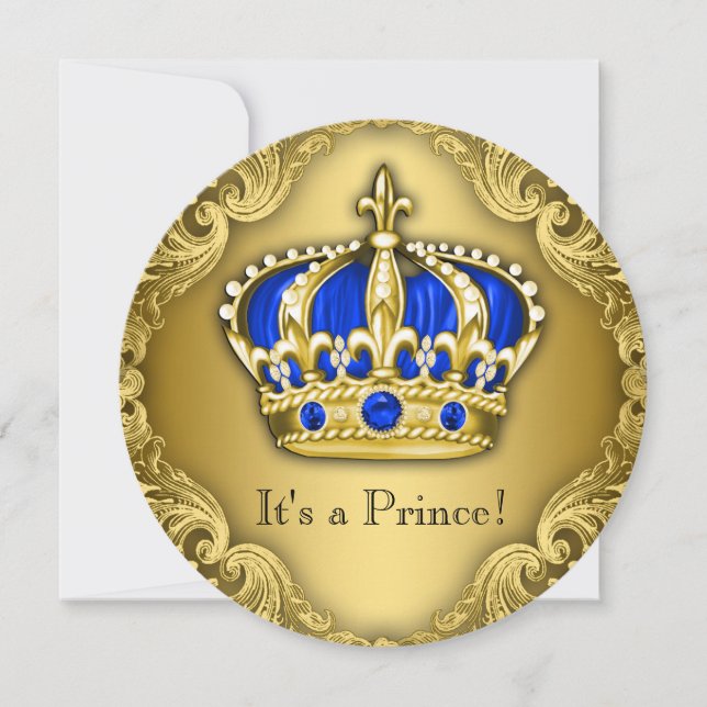 Fancy Prince Baby Shower Blue and Gold Invitation (Front)