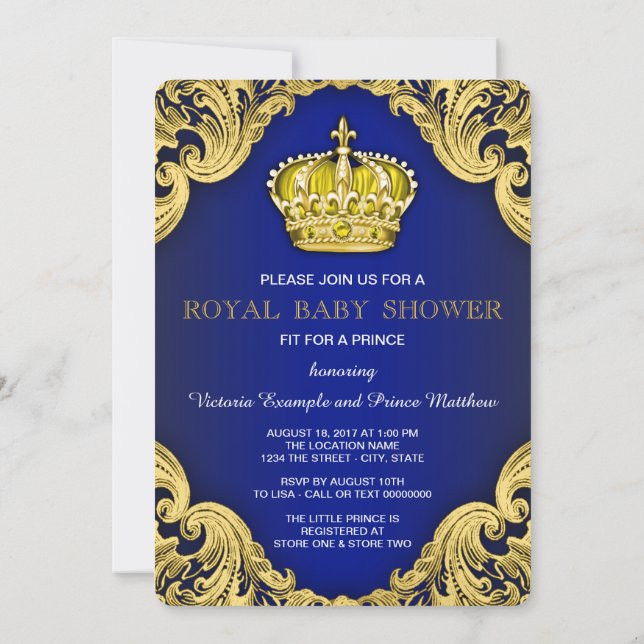 Fancy Prince Baby Shower Blue and Gold Invitation (Back)