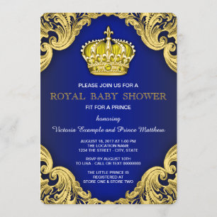 Fancy Prince Baby Shower Blue and Gold Invitation