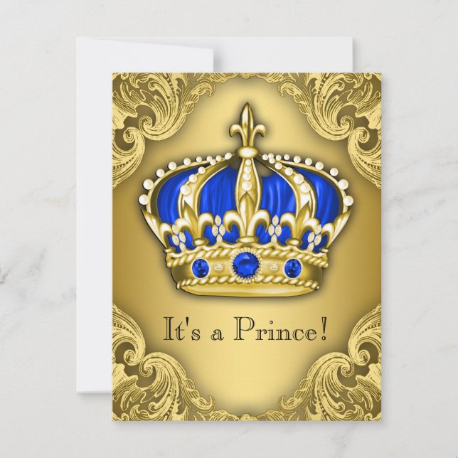 Fancy Prince Baby Shower Blue and Gold Invitation (Front)