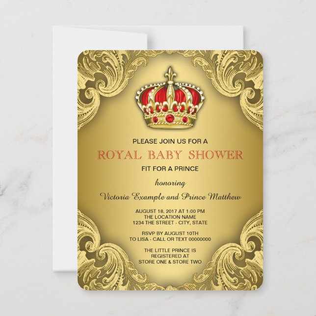 Fancy Prince Baby Shower Red and Gold Invitation (Back)