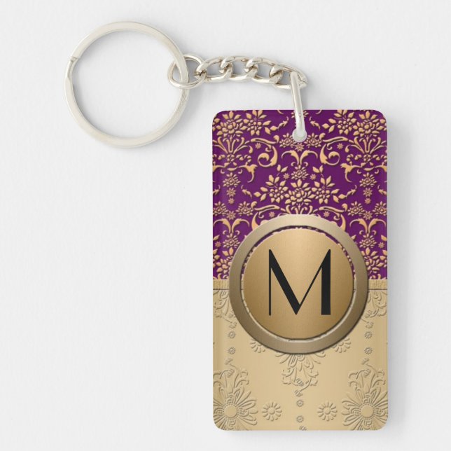 Fancy Purple and Gold Monogram Damask Pattern Key Ring (Front)