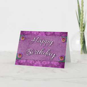 Fancy Purple Damask Happy Birthday Card Flowers