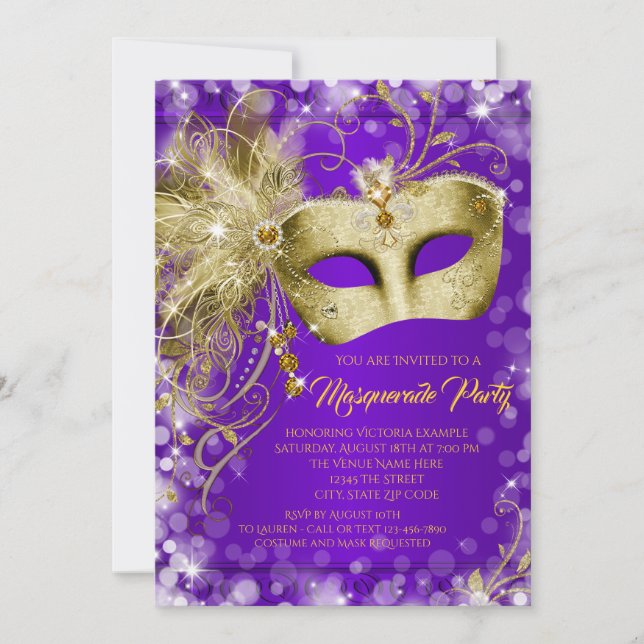Fancy Purple Gold Glitter Masquerade Party Invitation (Front)
