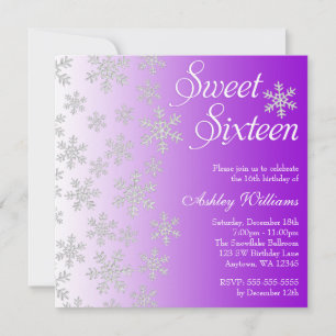 Fancy Purple Snowflakes Winter Wonderland Sweet 16 Invitation