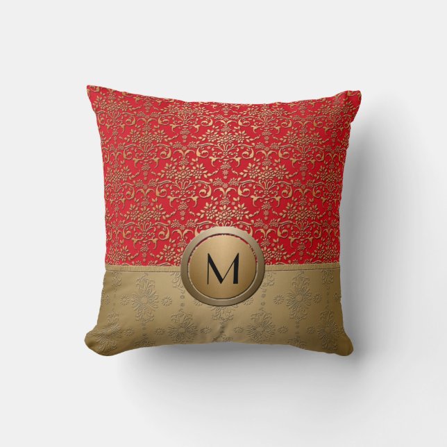Fancy Red and Gold Monogram Damask Pattern Cushion (Front)