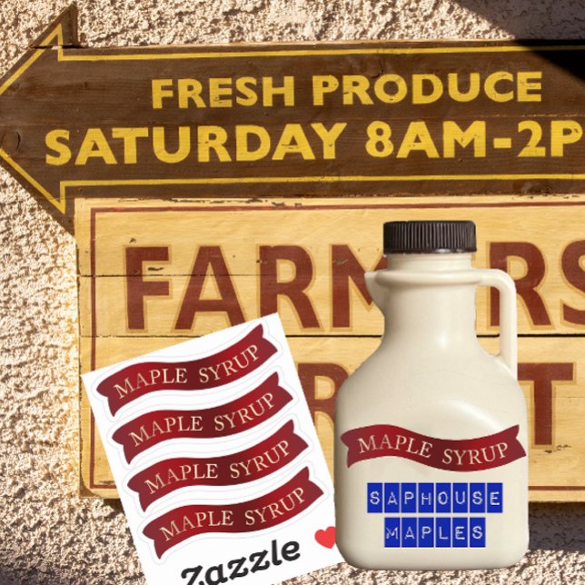 Fancy Red Banner Maple Syrup Jar Labels for Gifts  (Creator Uploaded)