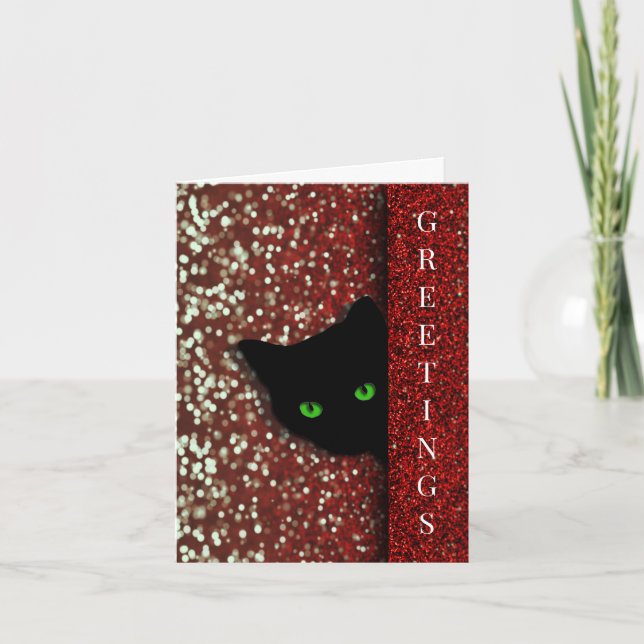 Fancy Red Bokah Lights and Glitter Cat Christmas Holiday Card (Front)