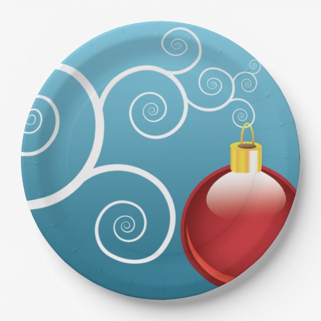 Fancy Red Christmas Ornament Blue Background Paper Plate (Front)