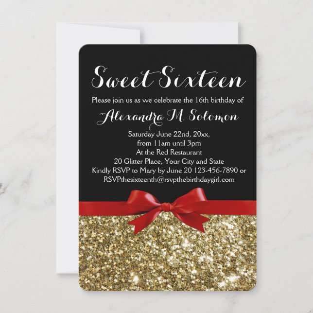 Fancy Red Glitter Bow Sweet 16 Party Invitation (Front)