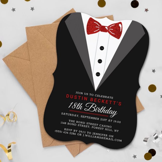 Fancy Red Glitter Tuxedo 18th Birthday Invitation (Creator Uploaded)