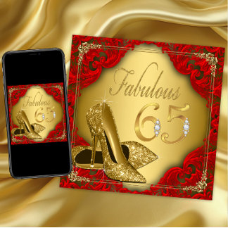 Fancy Red Gold High Heel Fabulous 65th Birthday Invitation