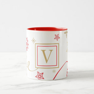 Fancy Red Gold Snowflakes Monogram Two-Tone Coffee Mug
