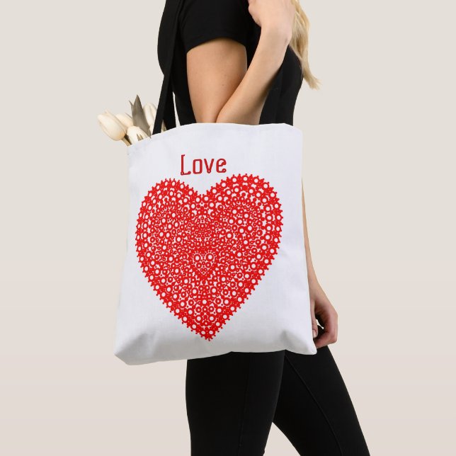 Fancy Red Heart Circles Personalised Tote Bag (Close Up)