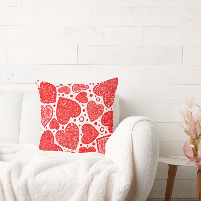 Fancy Red Hearts and Dots Pattern 20in Cushion (Couch)