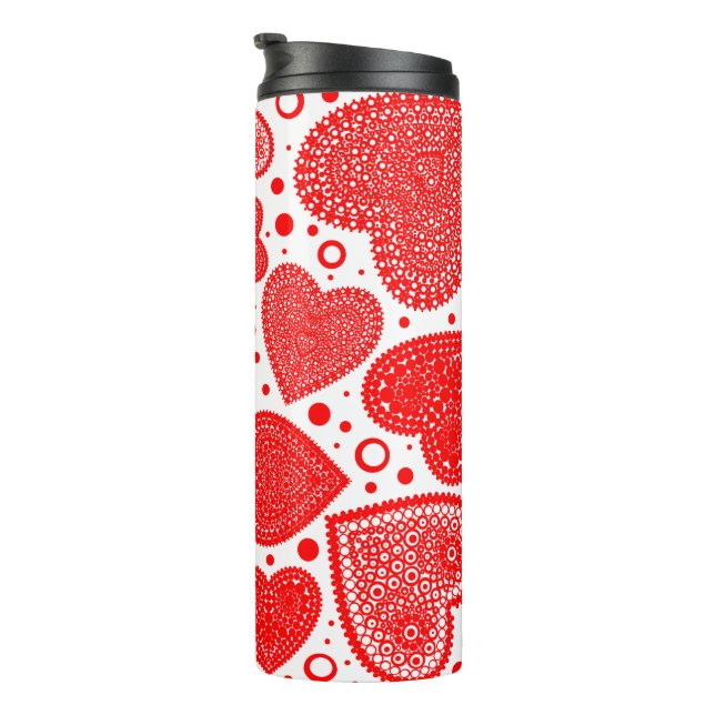 Fancy Red Hearts and Dots Pattern Thermal Tumbler (Rotated Right)