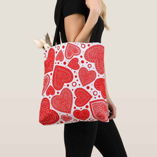 Fancy Red Hearts and Dots Pattern Tote Bag (Close Up)