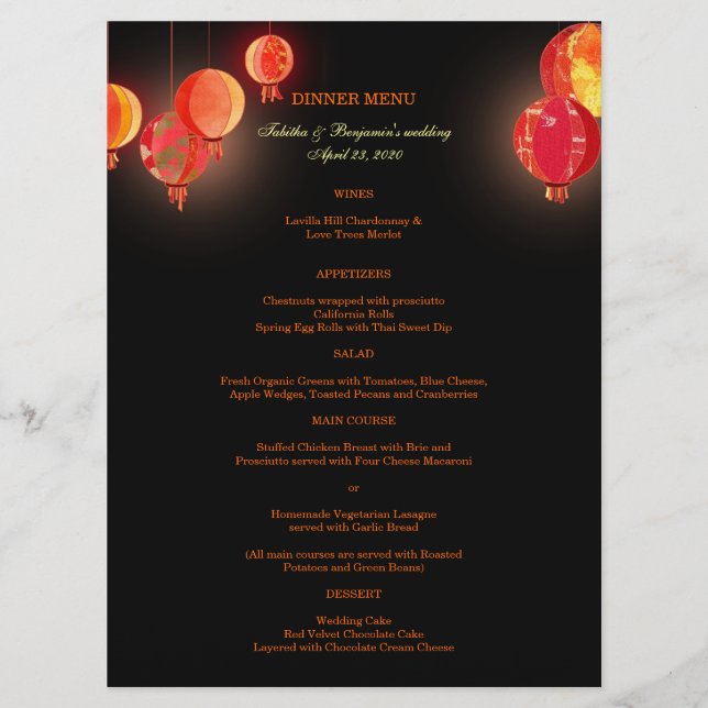 Fancy Red Paper Lanterns Wedding Dinner Menu (Front)