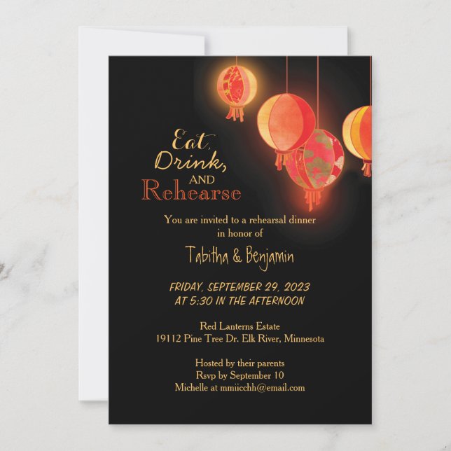 Fancy Red Paper Lanterns Wedding Rehearsal Dinner Invitation (Front)