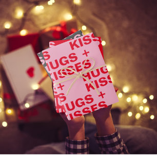 Fancy Red & Pink Hugs & Kisses Valentines Wrapping Paper Sheet