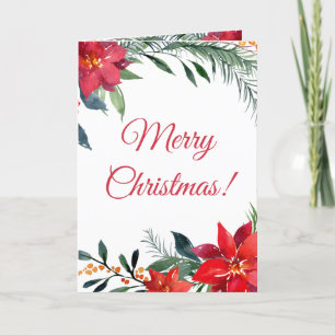 Fancy Red Poinsettia Greenery Calligraphy Holiday Card