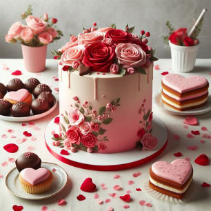 Fancy Red Rose Floral Cake Valentine Holiday Card