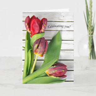 fancy red tulips on wood card