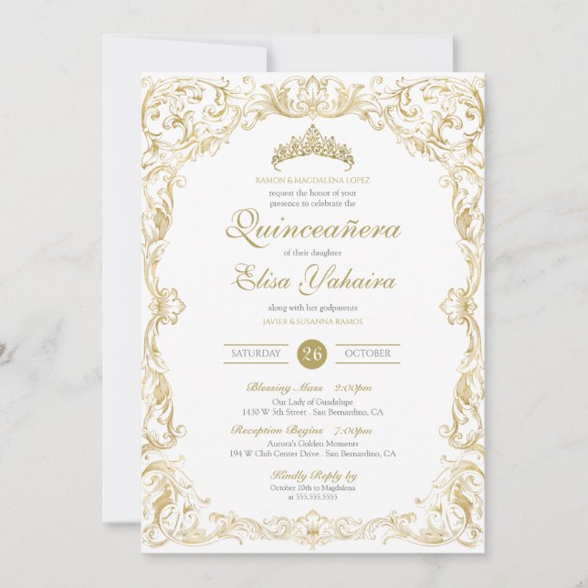 Fancy Regal White Gold Elegant Quinceanera Invitation (Front)