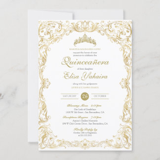 Fancy Regal White Gold Elegant Quinceanera Invitation