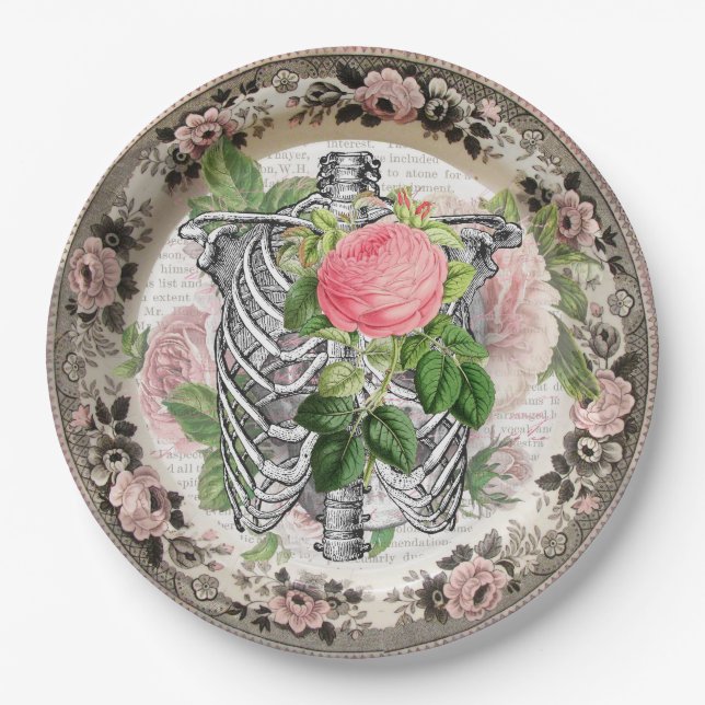 Fancy Ribcage with Roses Vintage Halloween Paper Plate (Front)