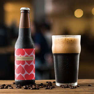 Fancy Romantic Red & Pink Hearts Pattern Beer Bottle Label