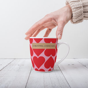 Fancy Romantic Red & Pink Hearts Pattern Latte Mug