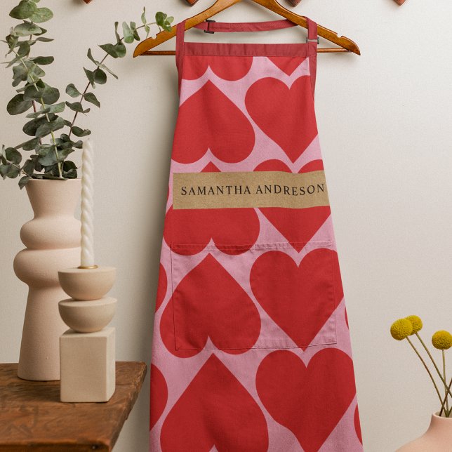 Fancy Romantic Red & Pink Hearts Pattern With Name Apron (Creator Uploaded)