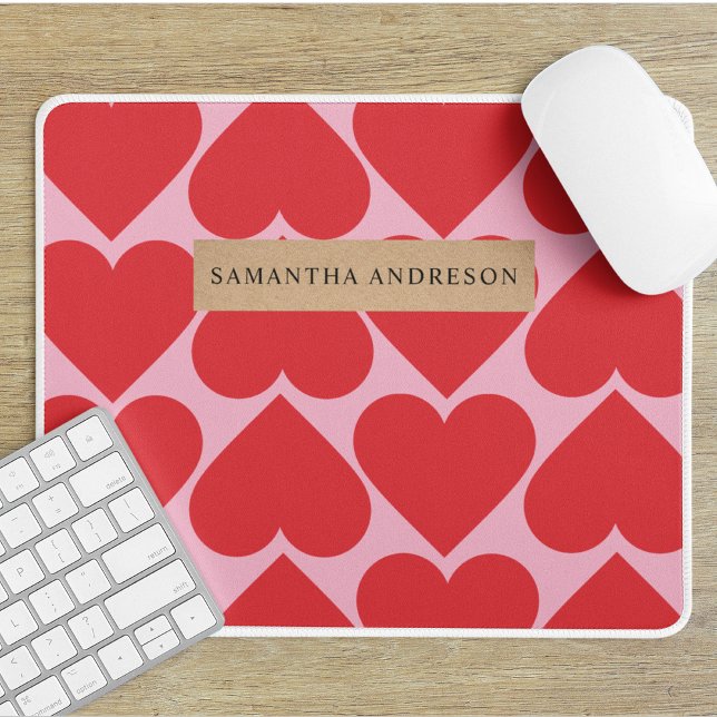 Fancy Romantic Red & Pink Hearts Pattern With Name Mouse Mat (Creator Uploaded)