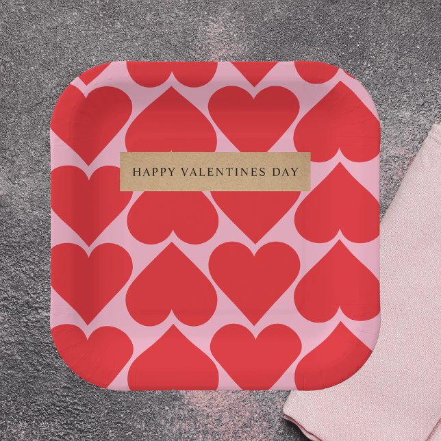 Fancy Romantic Red & Pink Hearts Pattern With Name Paper Plate (Creator Uploaded)