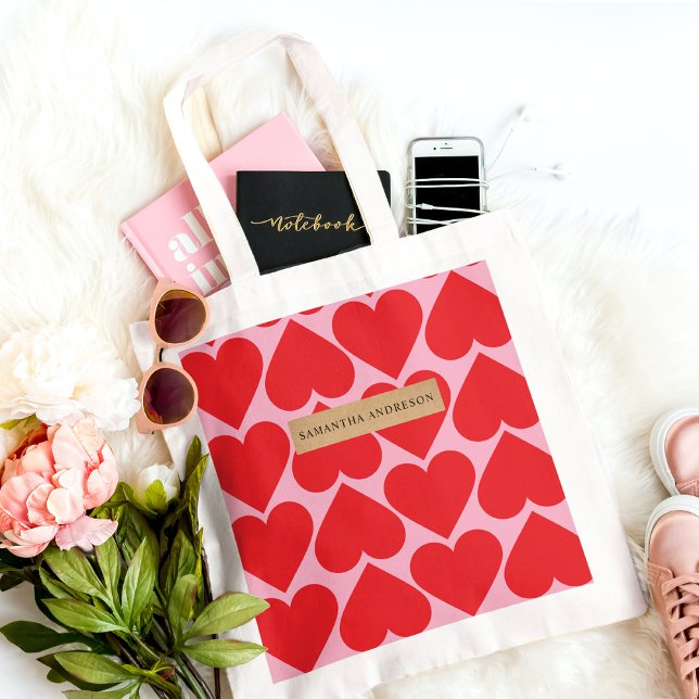 Fancy Romantic Red & Pink Hearts Pattern With Name Tote Bag (Creator Uploaded)