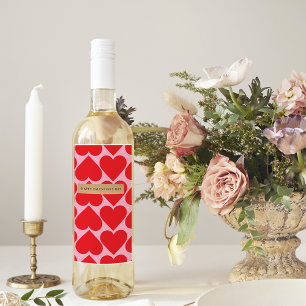 Fancy Romantic Red & Pink Hearts Pattern With Name Wine Label